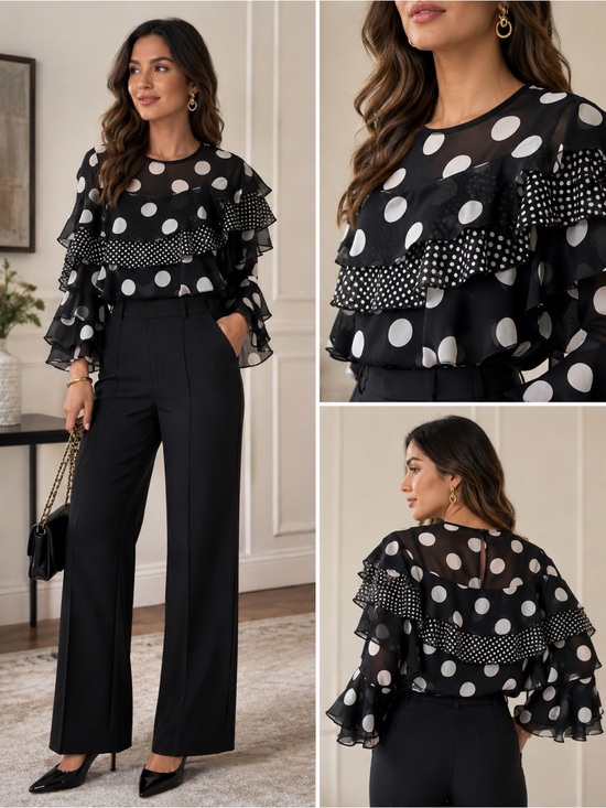 Cato Tops - Cato Black & White Polka Dot Ruffle Blouse nwt